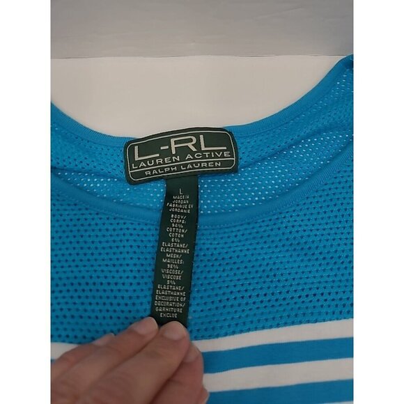 L-RL Lauren Active Ralph Lauren Tee Shirt Women's Size L Striped Blue &White - Picture 4 of 4